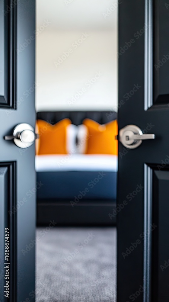 An inviting hotel room with elegantly open door revealing a cozy retreat adorned in warm colors and stylish decor, inviting guests to explore further An inviting hotel room with elegantly open door revealing a cozy retreat adorned in warm colors and stylish decor, inviting guests to explore further