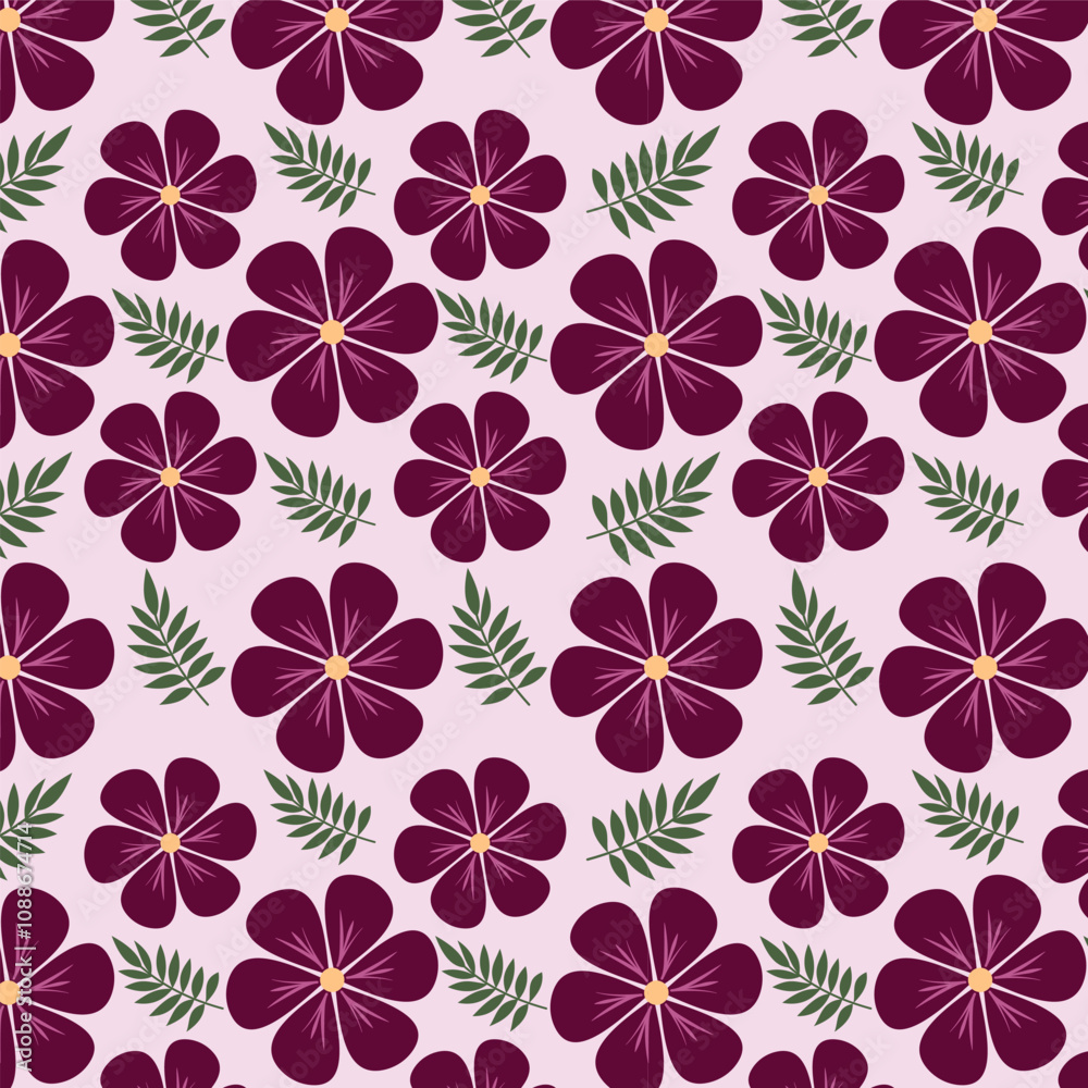 Seamless floral pattern with purple flowers and green leaves on white background. Flower pattern for fabrics, wallpapers, textile and decoration. Floral vector pattern. Seamless floral pattern with purple flowers and green leaves on white background. Flower pattern for fabrics, wallpapers, textile and decoration. Floral vector pattern.