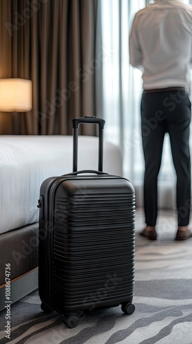 Man in white shirt prepares for travel in luxury hotel room with luggage and blurred background at sunset