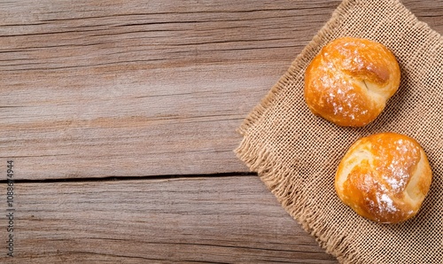 Sweet bread on burlap on old wooden background viewed from above, Generative AI  photo