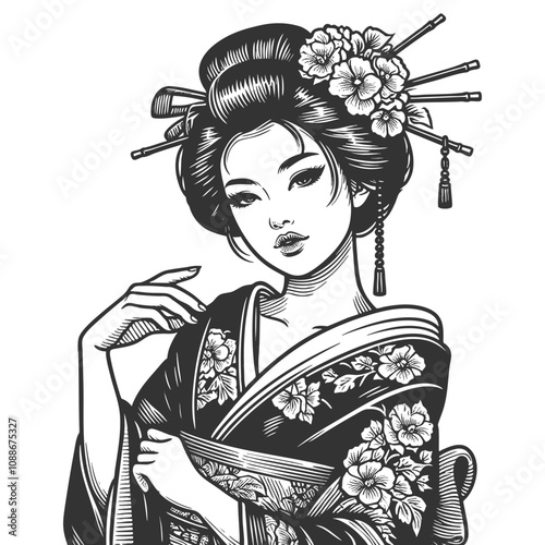 geisha in a floral-patterned kimono, asian woman sketch engraving generative ai fictional character vector illustration. Scratch board imitation. Black and white image.