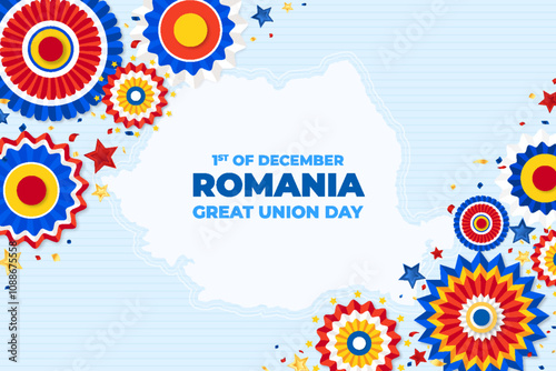 Romania National Day Banner, 1 December. Happy Romania independence day background with map, paper rosette and confetti