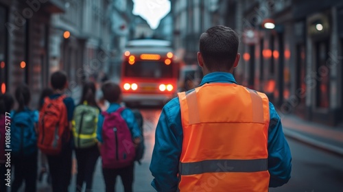 School Safety Patrol, A security guard in a high-visibility vest oversees school children exiting a bus, colorful outfits, backpacks, an ambulance with lights in the background.