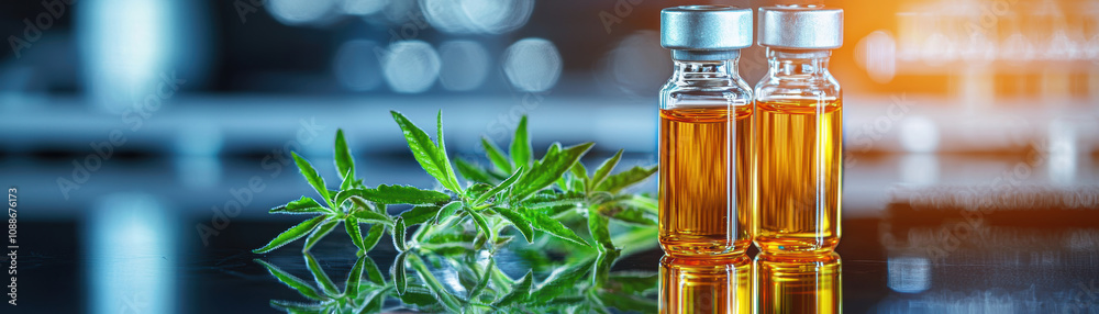 Tissue Culture Plant Science Concept. Two glass vials filled with golden liquid sit next to a green cannabis leaf, illuminated against a blurred laboratory background. Tissue Culture Plant Science Concept. Two glass vials filled with golden liquid sit next to a green cannabis leaf, illuminated against a blurred laboratory background.