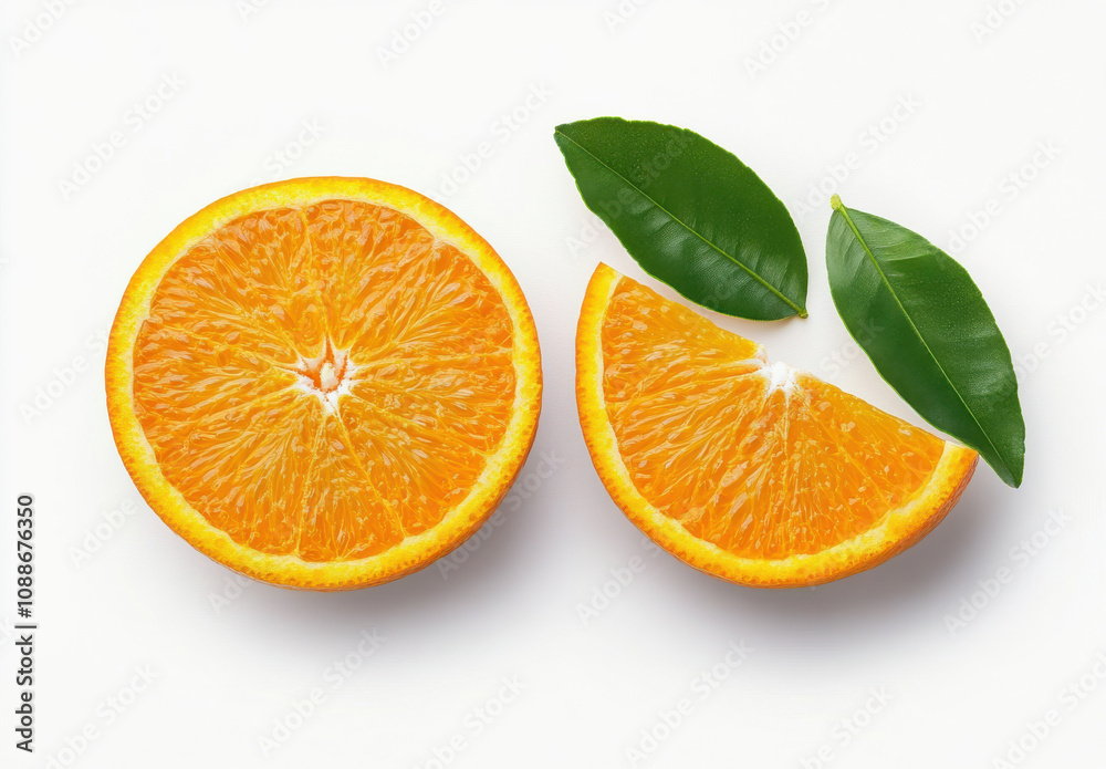 Fototapeta premium Fresh orange slices with vibrant color and green leaves