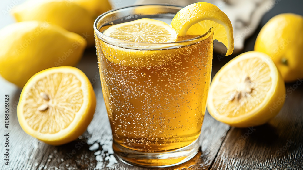 Glass of sparkling lemon drink garnished with lemon slices surrounded by whole and cut lemons on wooden surface Glass of sparkling lemon drink garnished with lemon slices surrounded by whole and cut lemons on wooden surface