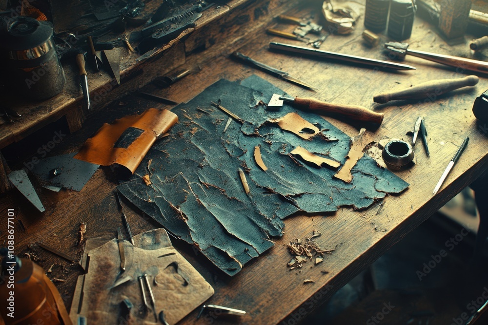 A table with leather scraps and tools on it A table with leather scraps and tools on it