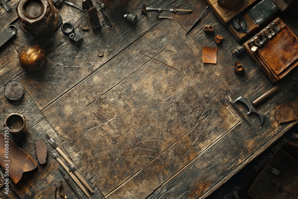 Naklejka premium A table with leather scraps and tools on it