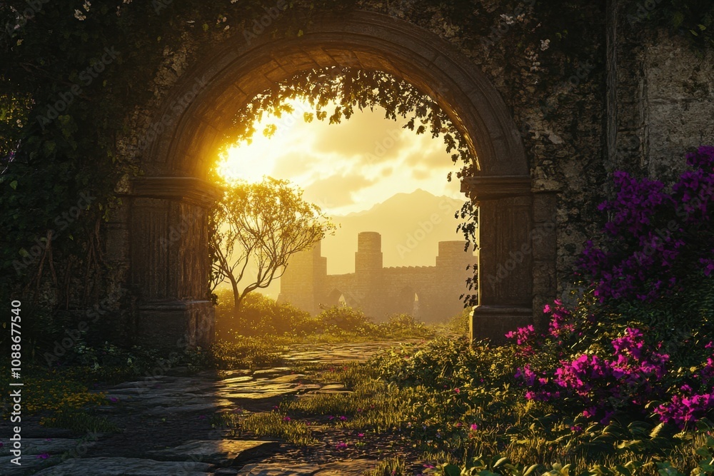 Fototapeta premium A stone archway with a view of the ocean and a field of flowers