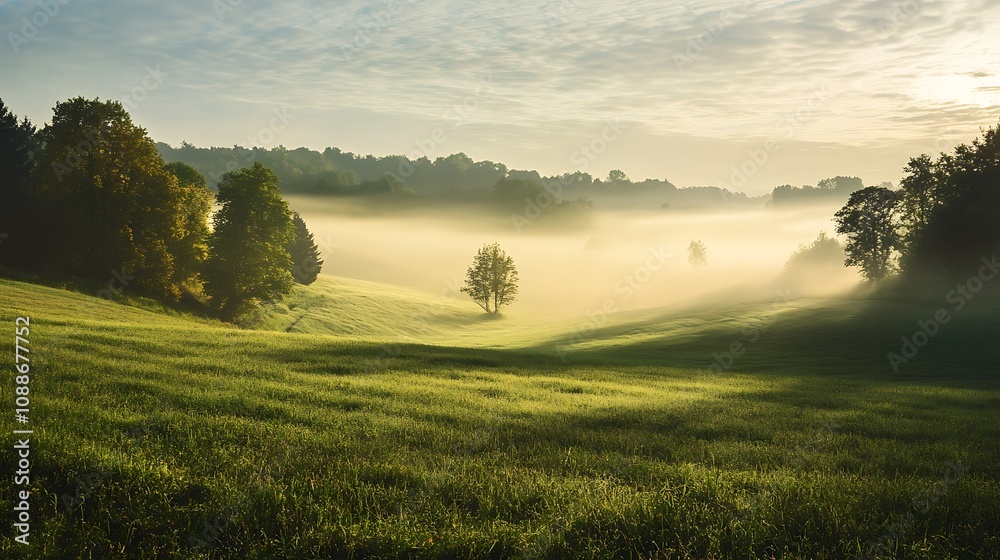 Obraz premium Misty Sunrise Meadow Landscape