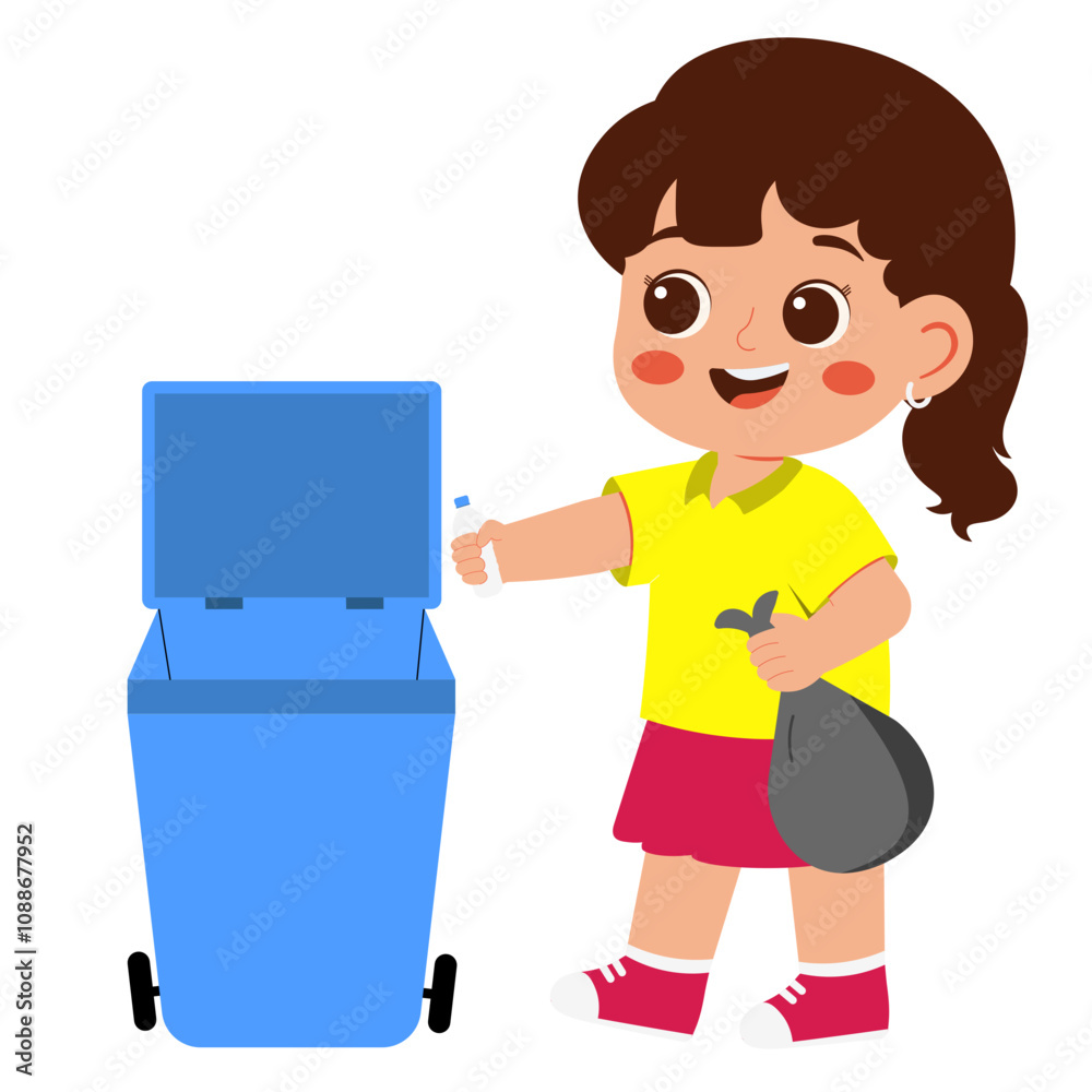 Cheerful Girl Disposing Trash Illustration Cheerful Girl Disposing Trash Illustration