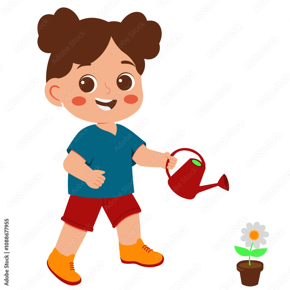 Cute Girl Watering a Flower Illustration Cute Girl Watering a Flower Illustration