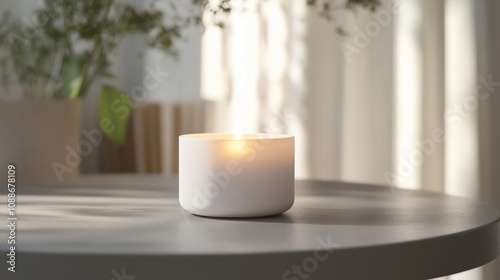 White candle on soft gray table, evokes tranquility and serenity, ideal for promoting relaxation and mindfulness, enhances peaceful ambiance in any setting