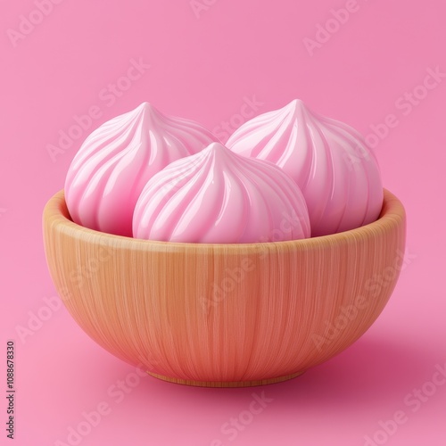 Delectable Pink Meringue Treats in a Wooden Bowl on a Vibrant Pink Background