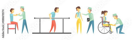 People Character at Physiotherapy and Rehabilitation Session Vector Set