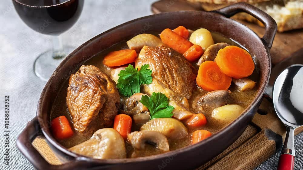 Delicious coq au vin, braised chicken in red wine, with mushrooms and vegetables