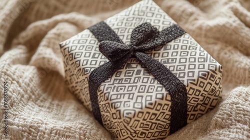 Monochrome Gift Elegance, a beautifully wrapped gift in patterned paper, showcasing a striking contrast against a soft, neutral background, perfect for festive presentations.