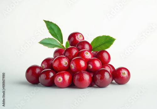 Fresh red cranberries with green leaves arranged in pile, showcasing their vibrant color and glossy texture. Perfect for holiday recipes and healthy snacks