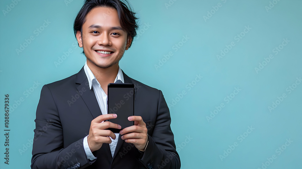 A Smiling Businessman in a Black Suit Holding a Smartphone with a Blank Screen Against a Light Blue Background, Demonstrating a Mobile App or Website A Smiling Businessman in a Black Suit Holding a Smartphone with a Blank Screen Against a Light Blue Background, Demonstrating a Mobile App or Website
