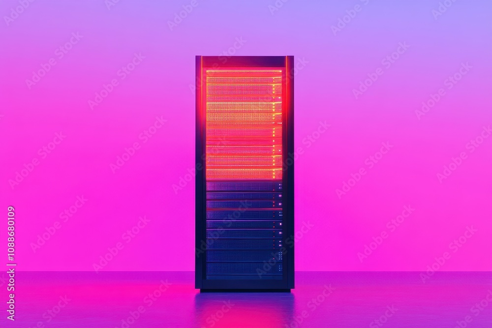 A server tower with a red and blue stripe on it A server tower with a red and blue stripe on it