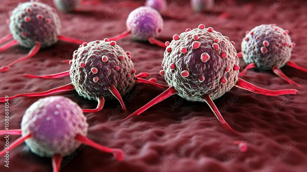 A close-up digital illustration depicts several cancerous cells, characterized by their irregular shapes and numerous projections