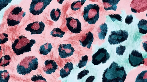 A vibrant and playful leopard print pattern with a mix of pink and mint green color