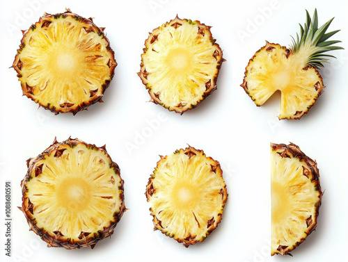 Fresh pineapple slices arranged artistically, showcasing vibrant yellow flesh and spiky edges, perfect for summer recipes or tropical themes