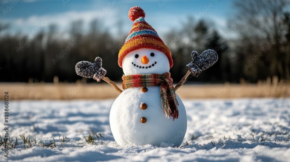 Obraz premium Big smiling snowman with bucket hat, scarf and gloves on white snowy field winter landscape, blurred black trees and blue sky copy space background. . Merry Christmas and happy new year greeting card