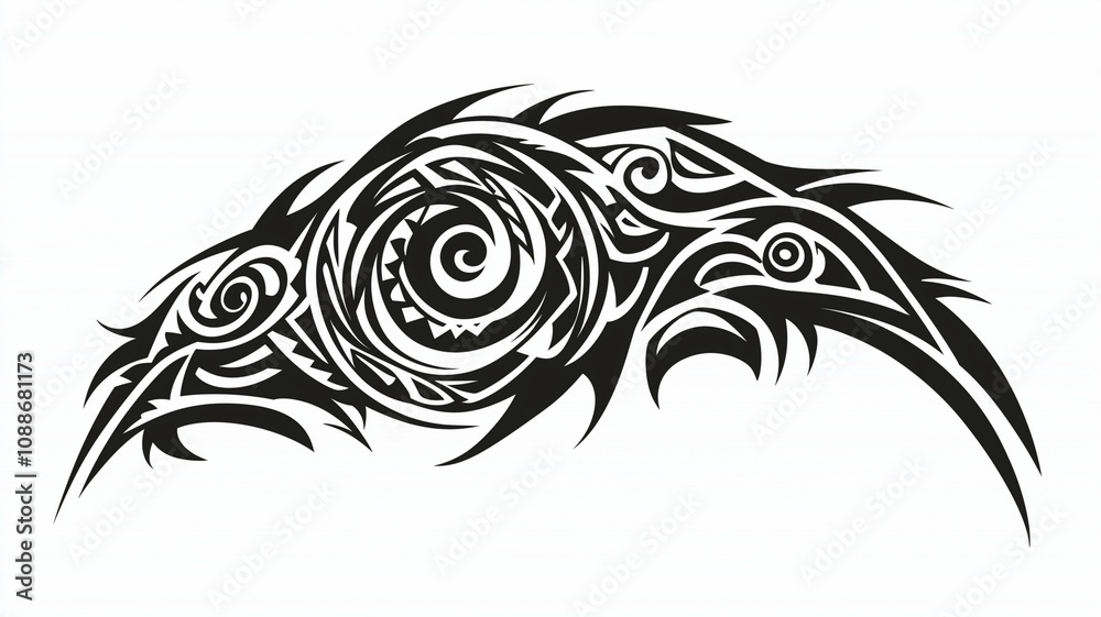 A detailed black tribal tattoo design, isolated on a pure white background A detailed black tribal tattoo design, isolated on a pure white background