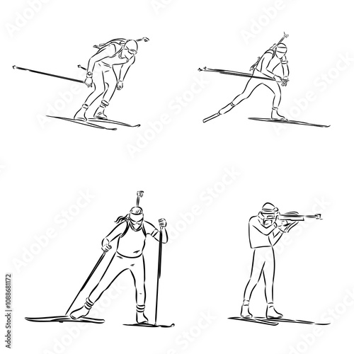 Biathlon athlete shoots standing, isolated vector silhouette