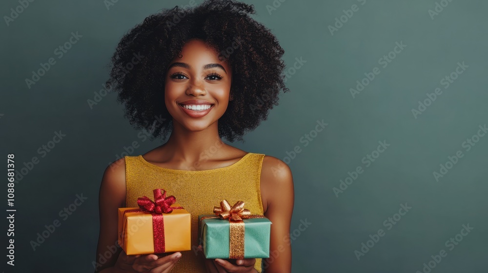 birthday present and surprise concept - happy african american young woman with gift boxes over grey background birthday present and surprise concept - happy african american young woman with gift boxes over grey background