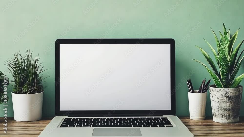 A silver laptop computer rests on a rustic wooden desk