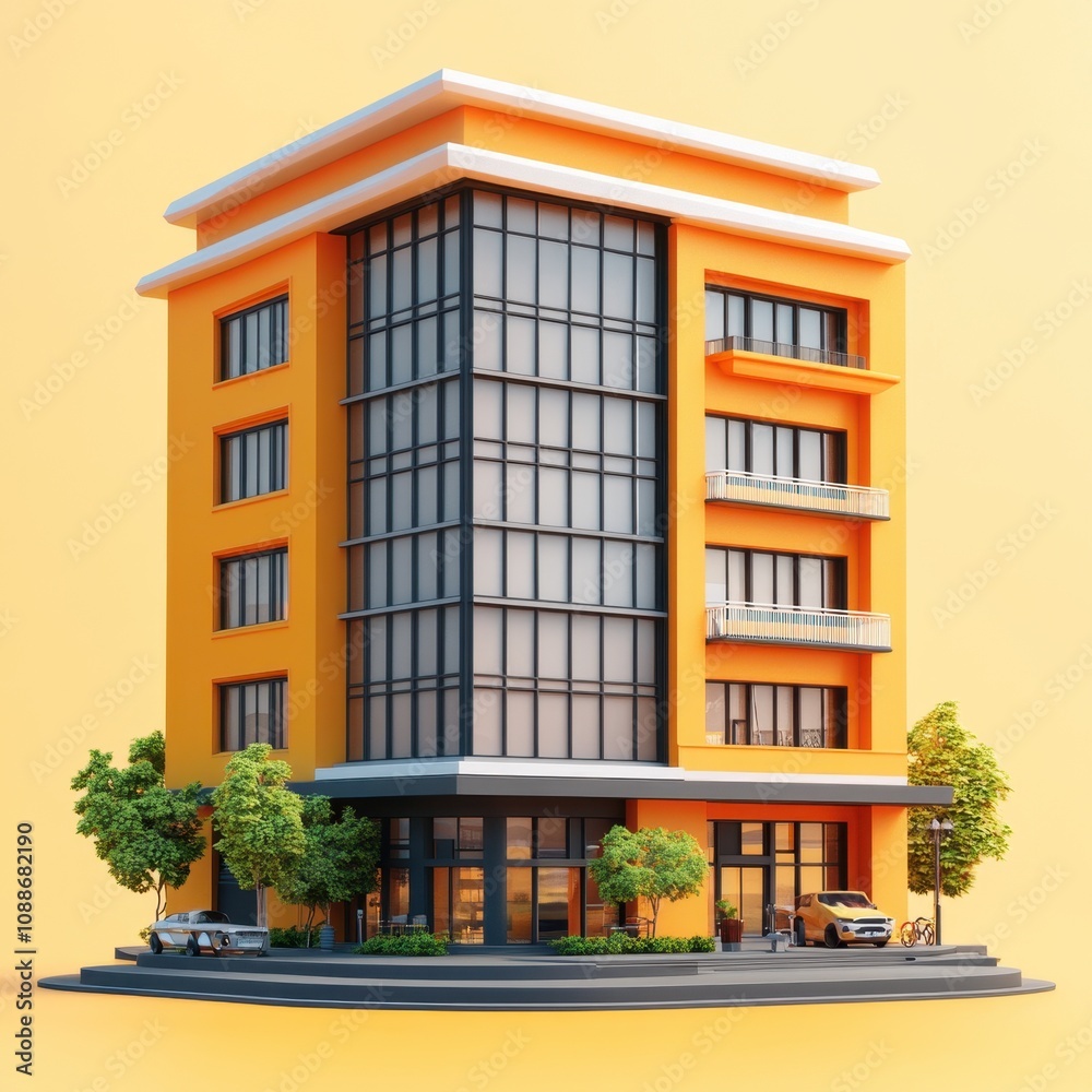 Obraz premium Modern Orange and Black Apartment Building with Vegetation