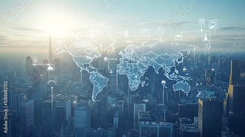 Digital map of the world with icons representing networking connection background