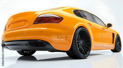 A 3D Render of a Shiny Yellow Sedan with Black Wheels and a Rear View