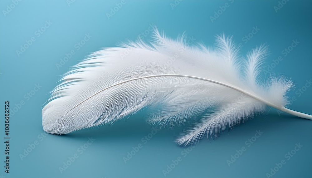 Fototapeta premium 冬の冷たい空気を象徴するライトブルー背景に、白いフェザーが静かに配置されたシンプルなデザイン。
