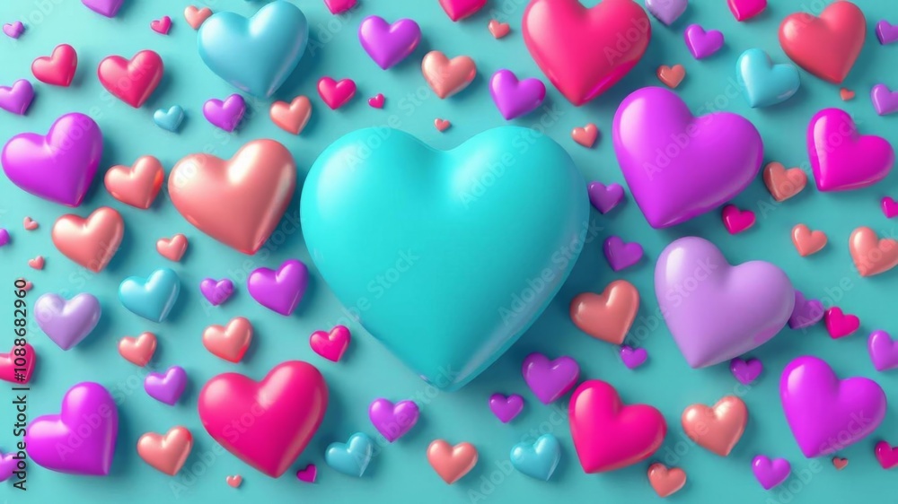 Multicolored heart background with violet turquoise and gold love hearts, Valentine wallpaper, 3D render, wallpaper, multicolored, hearts Multicolored heart background with violet turquoise and gold love hearts, Valentine wallpaper, 3D render, wallpaper, multicolored, hearts