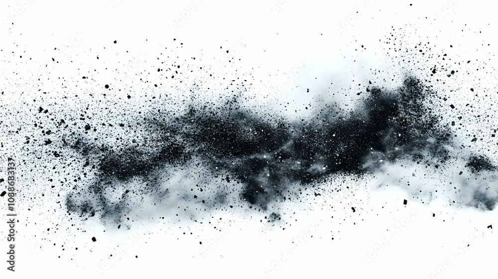 Abstract Black Dust Explosion Background with Fine Particles Sprayed Across a White Surface Abstract Black Dust Explosion Background with Fine Particles Sprayed Across a White Surface