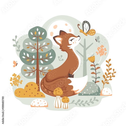Cute vector illustration of a fox in a forest with butterflies, mushrooms and flowers lit by the moon. Autumn green, gold yellow and blue.