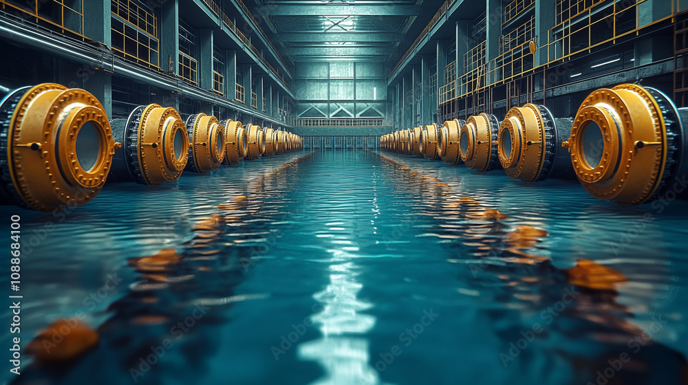 Fototapeta premium A tranquil industrial scene featuring a long pool of water with large, circular machines lined along the edges, creating a serene atmosphere.