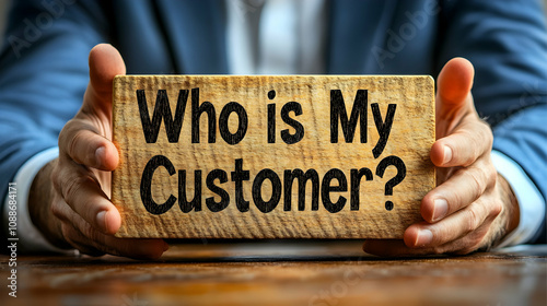 A Man in a Blue Suit Holding a Wooden Sign Asking 'Who is My Customer?' in a Thoughtful Gesture on a Wooden Table photo