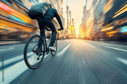Cyclist racing through bustling city streets at sunset dynamic motion capture urban environment action-packed concept