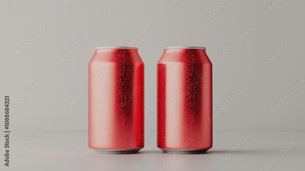 Two Red Soda Cans with Condensation Refreshing Drinks Studio Shot Two Red Soda Cans with Condensation Refreshing Drinks Studio Shot