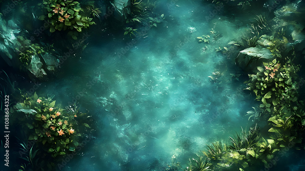 Obraz premium Enchanted Pond: Lush Flora, Teal Waters, Tranquil Scene