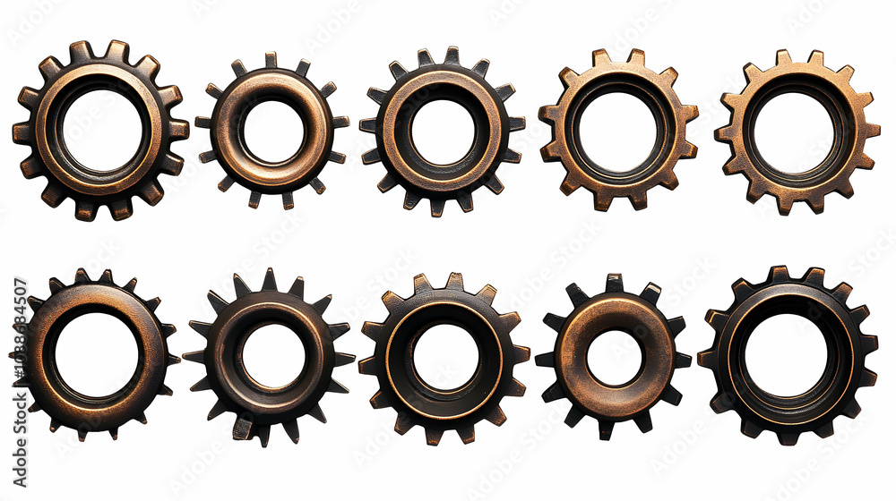 A Collection of Ten Metallic Cogwheels Arranged in Two Rows on a White Background,  Illustrating a Concept of Interconnectedness and Collaboration.
