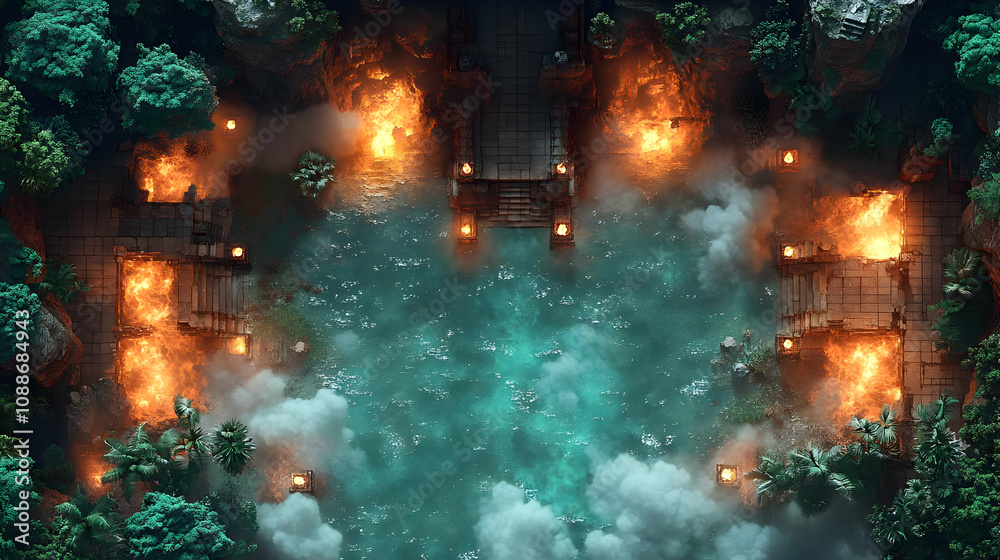 Burning Jungle Temple Ruins Surround Lake: Aerial View Burning Jungle Temple Ruins Surround Lake: Aerial View