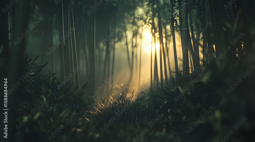 Sunlit Bamboo Forest Path.