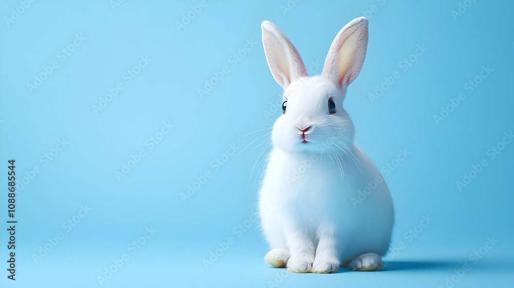 A White Rabbit Sitting on a Light Blue Background, Looking Directly at the Camera with Big Blue Eyes A White Rabbit Sitting on a Light Blue Background, Looking Directly at the Camera with Big Blue Eyes