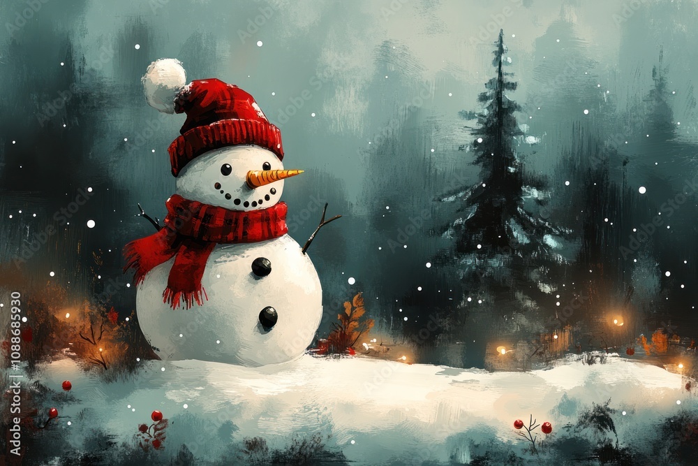 Obraz premium A snowman wearing a red hat and scarf stands in a snowy forest with a pine tree in the background.