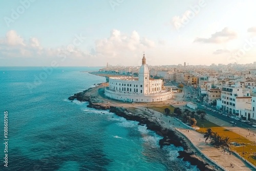 Coastal cityscape view historic architecture by the sea alexandria aerial photography vibrant atmosphere travel inspiration